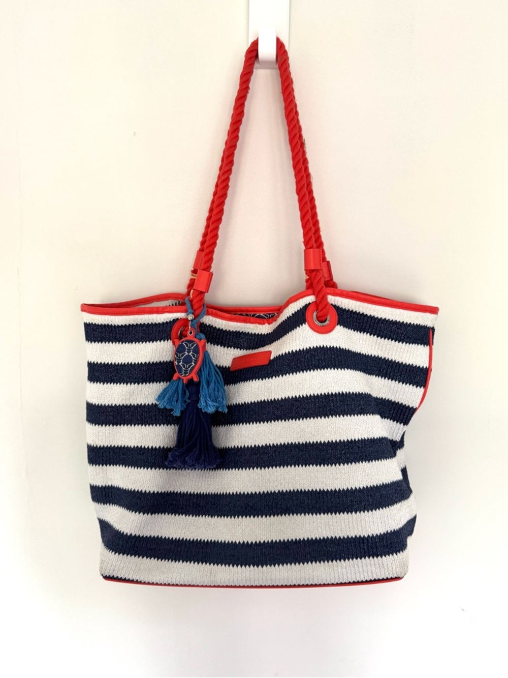 Vera Bradley Nautical Stripe Tote Bag with Blue Turtle and Coral Trim